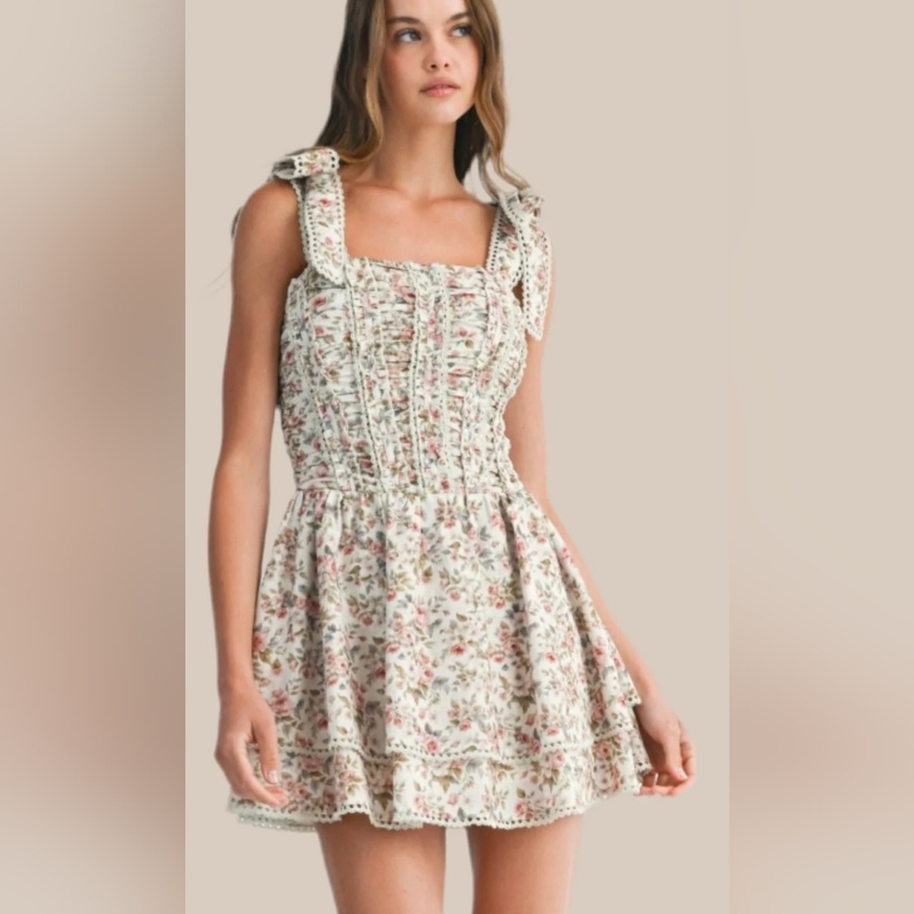 MARBLE Floral Mini Dress in Cream and Pink